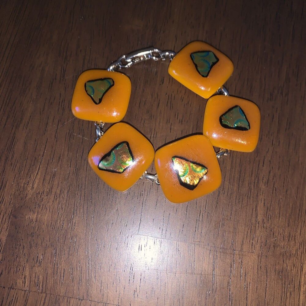 Artisan Bracelet Large Butterscotch Square Glass Beads Foil Accents Silver-tone